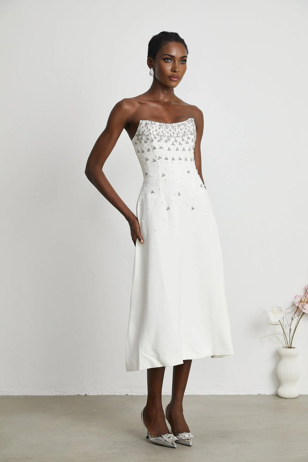 Denise Midi Dress - Off the Shoulder - Sleeveless - Fully Embellished - Rear Zip Fastening