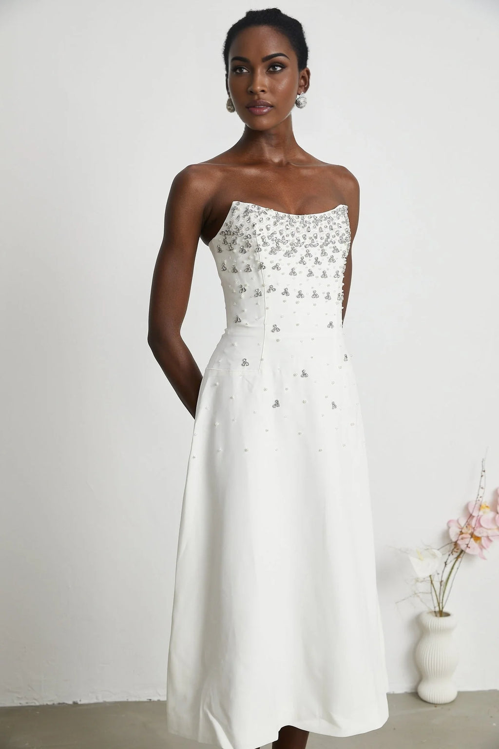 Denise Midi Dress - Off the Shoulder - Sleeveless - Fully Embellished - Rear Zip Fastening