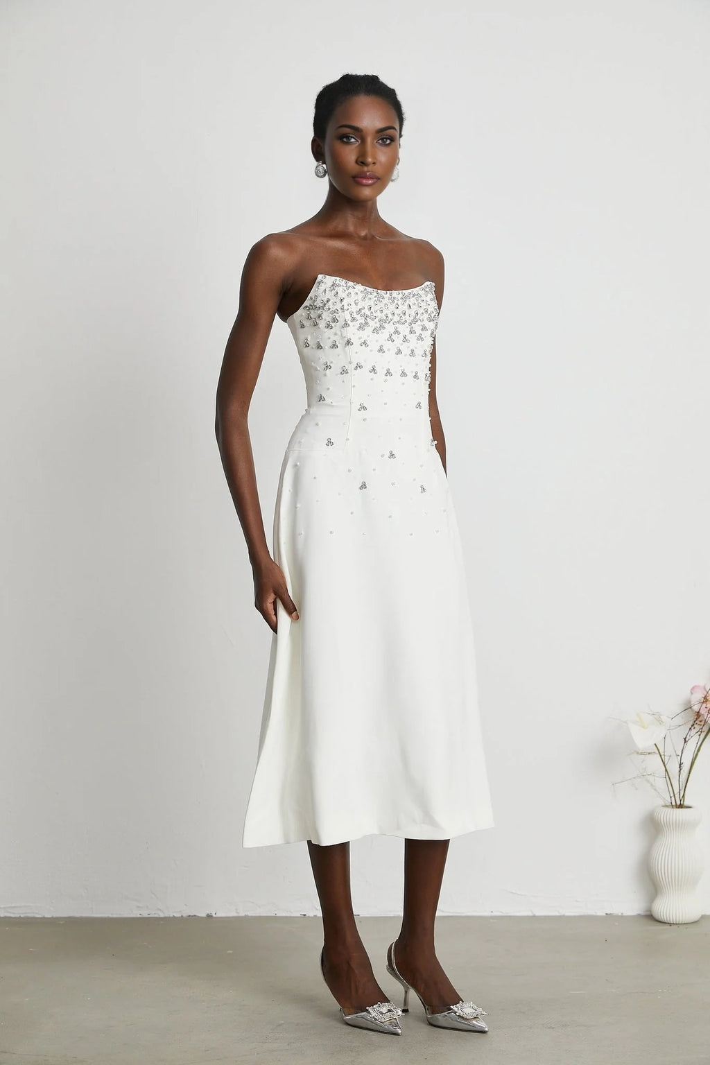 Denise Midi Dress - Off the Shoulder - Sleeveless - Fully Embellished - Rear Zip Fastening