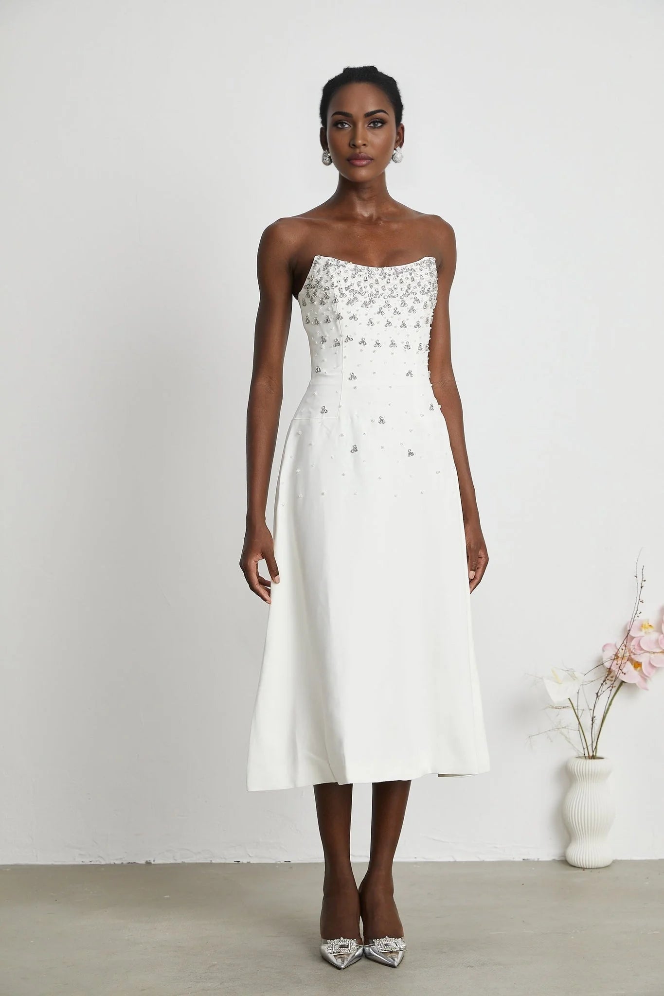 Denise Midi Dress - Off the Shoulder - Sleeveless - Fully Embellished - Rear Zip Fastening