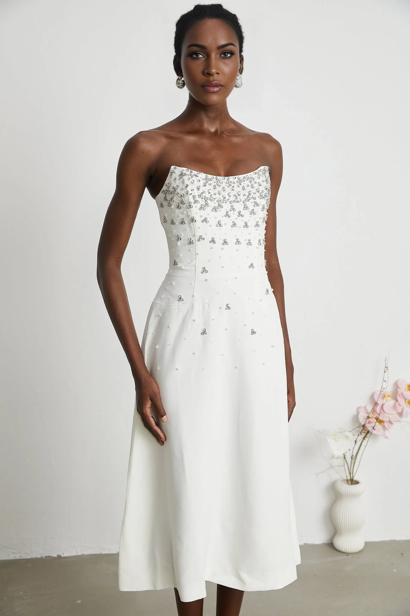 Denise Midi Dress - Off the Shoulder - Sleeveless - Fully Embellished - Rear Zip Fastening