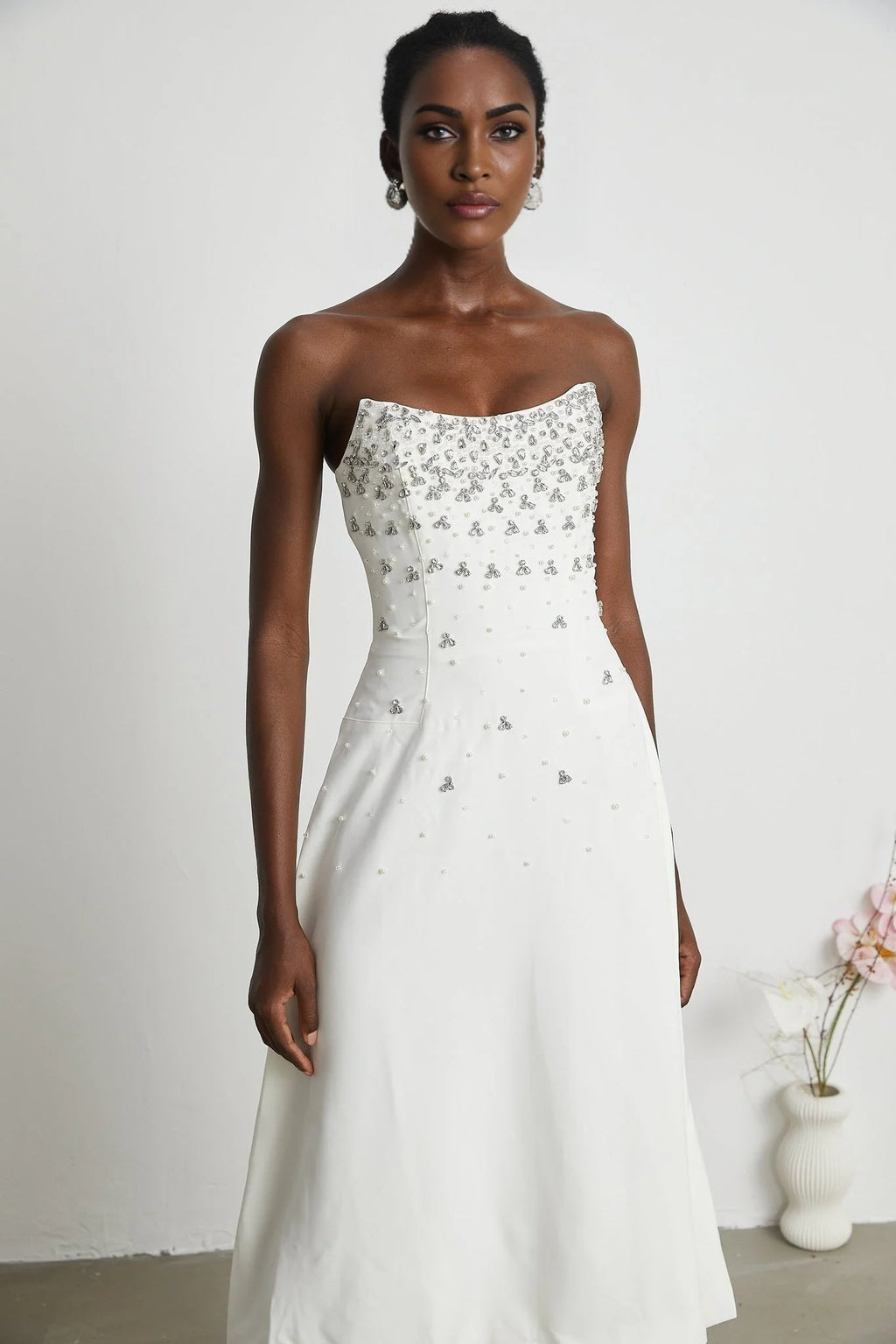 Denise Midi Dress - Off the Shoulder - Sleeveless - Fully Embellished - Rear Zip Fastening