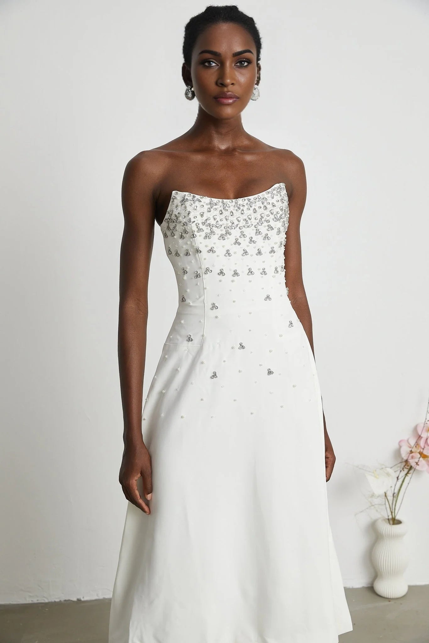 Denise Midi Dress - Off the Shoulder - Sleeveless - Fully Embellished - Rear Zip Fastening