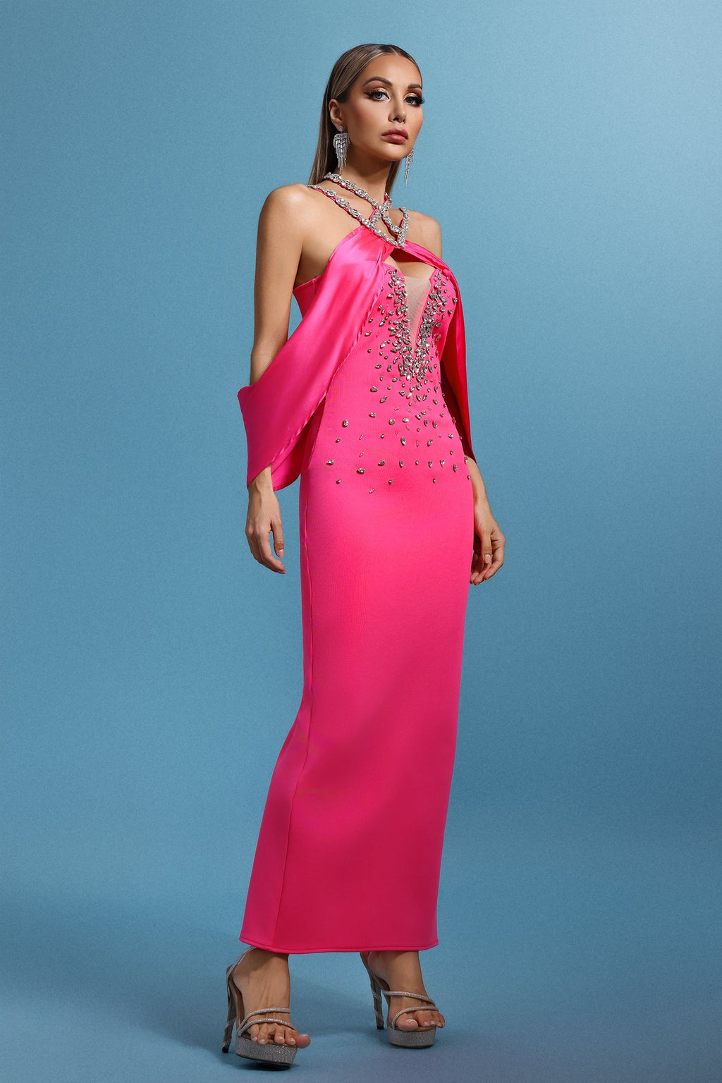Denise Pink Halter Neckline V-Neck Embellished Maxi Dress