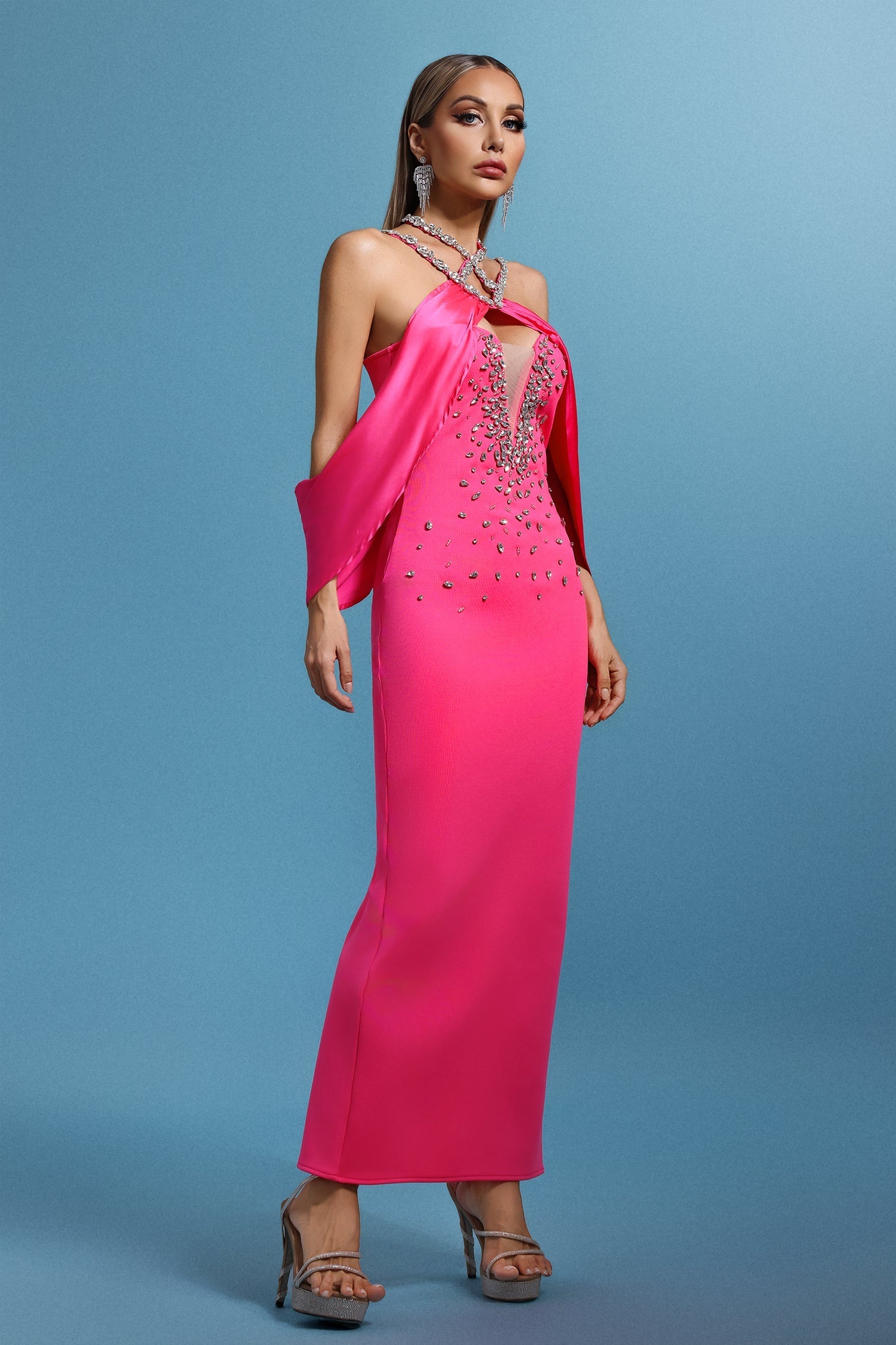Denise Pink Halter Neckline V-Neck Embellished Maxi Dress