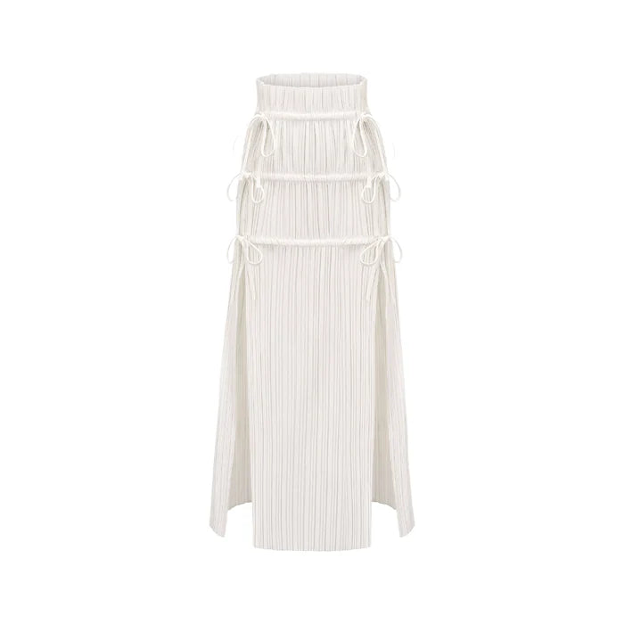 Denise Pleated Maxi Skirt – High Waist – Side Slits – Spaghetti Tie – Elegant Design – Lightweight Fabric