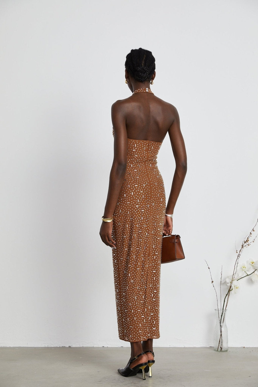 Désirée Maxi Dress - Sleeveless Halterneck Crystal Embellished Fitted Waist Zipper Closure Floor - Length