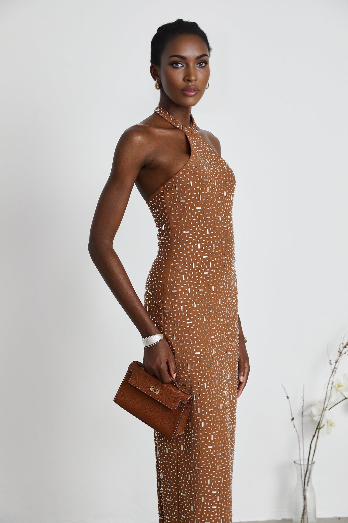 Désirée Maxi Dress - Sleeveless Halterneck Crystal Embellished Fitted Waist Zipper Closure Floor - Length