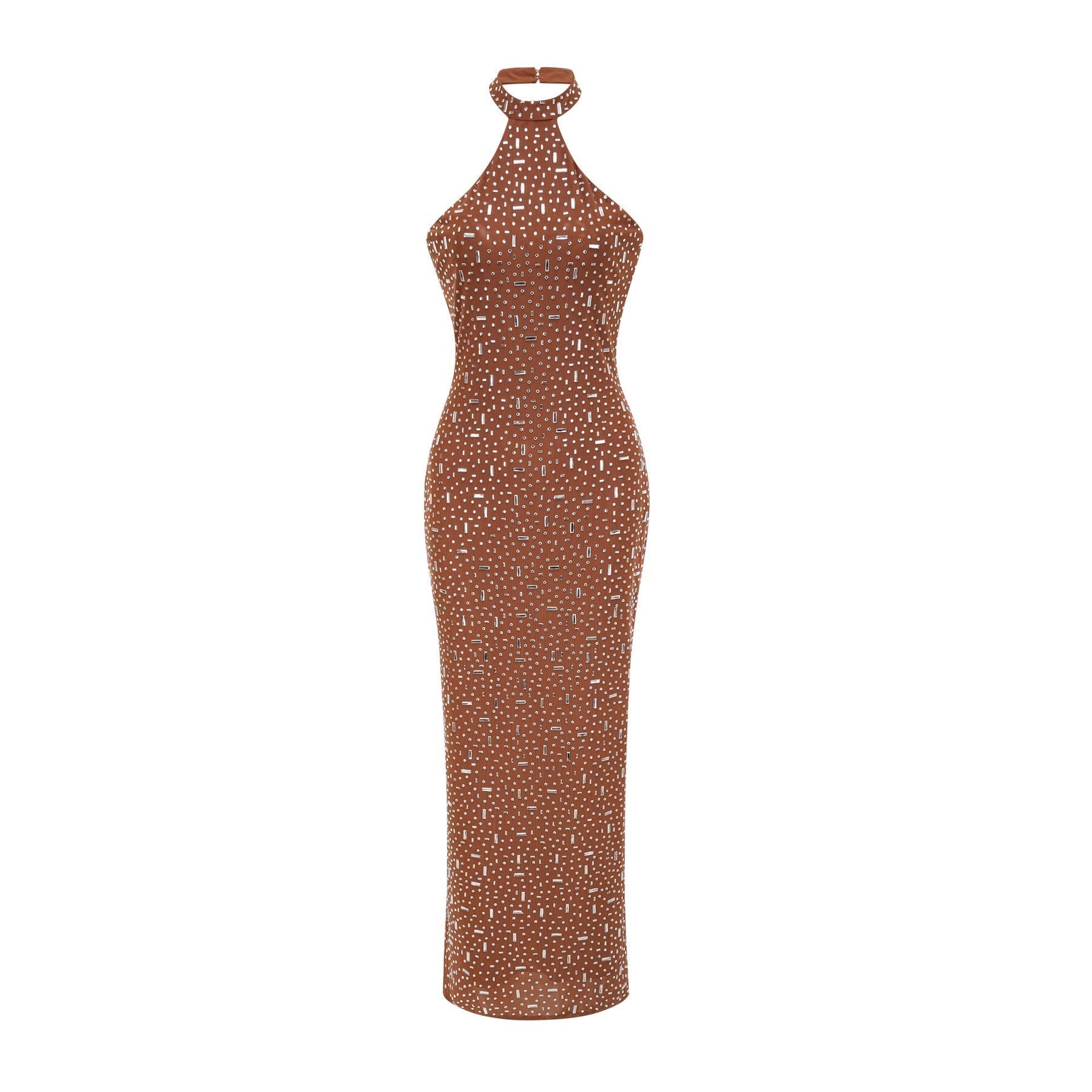 Désirée Maxi Dress - Sleeveless Halterneck Crystal Embellished Fitted Waist Zipper Closure Floor - Length
