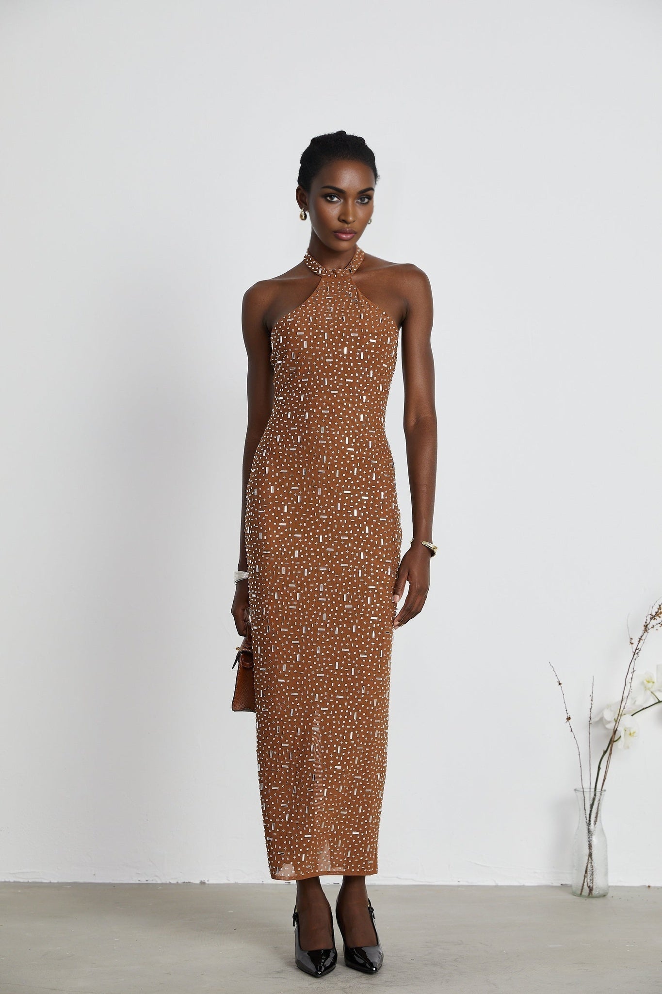 Désirée Maxi Dress - Sleeveless Halterneck Crystal Embellished Fitted Waist Zipper Closure Floor - Length