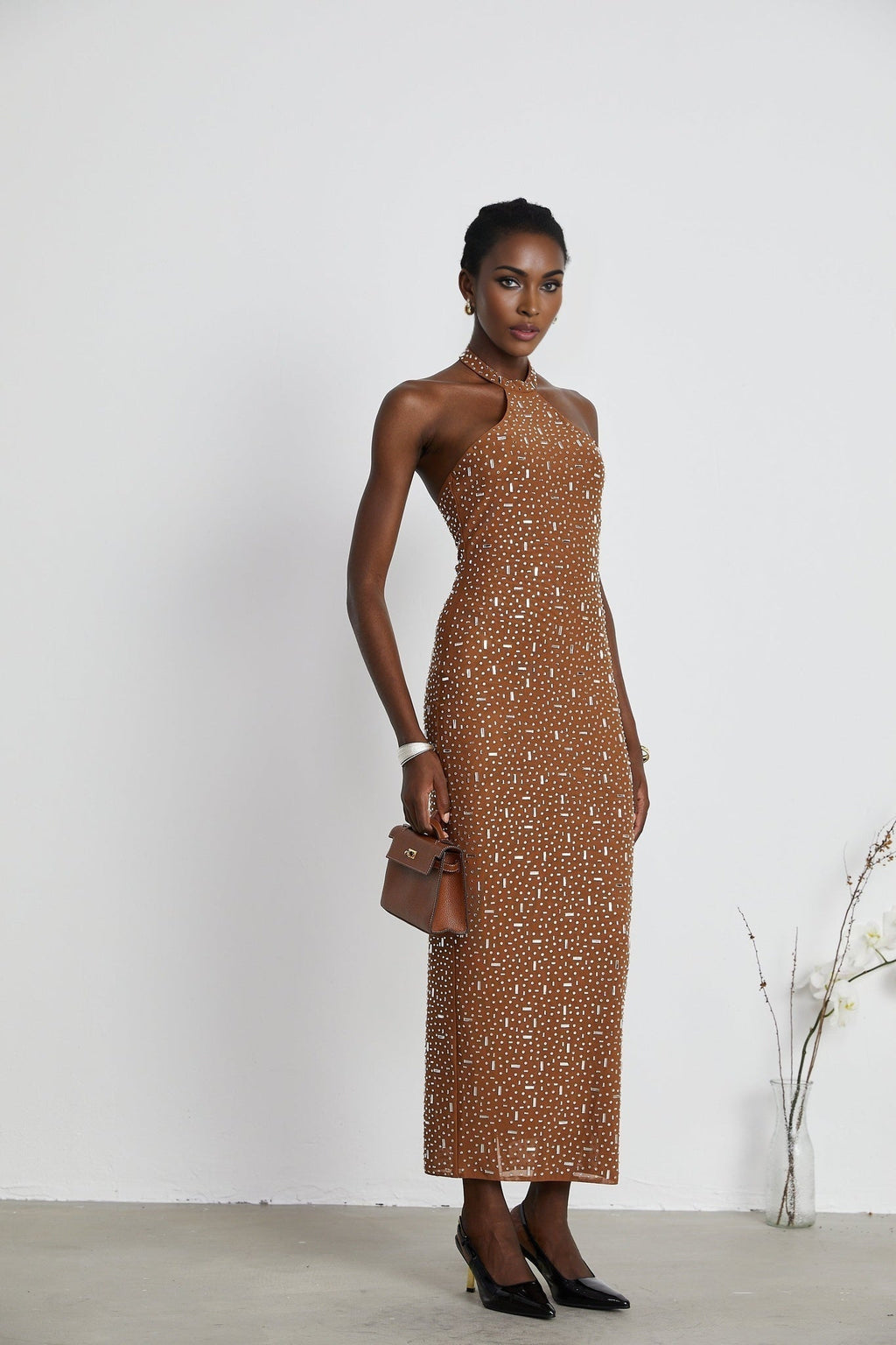 Désirée Maxi Dress - Sleeveless Halterneck Crystal Embellished Fitted Waist Zipper Closure Floor - Length