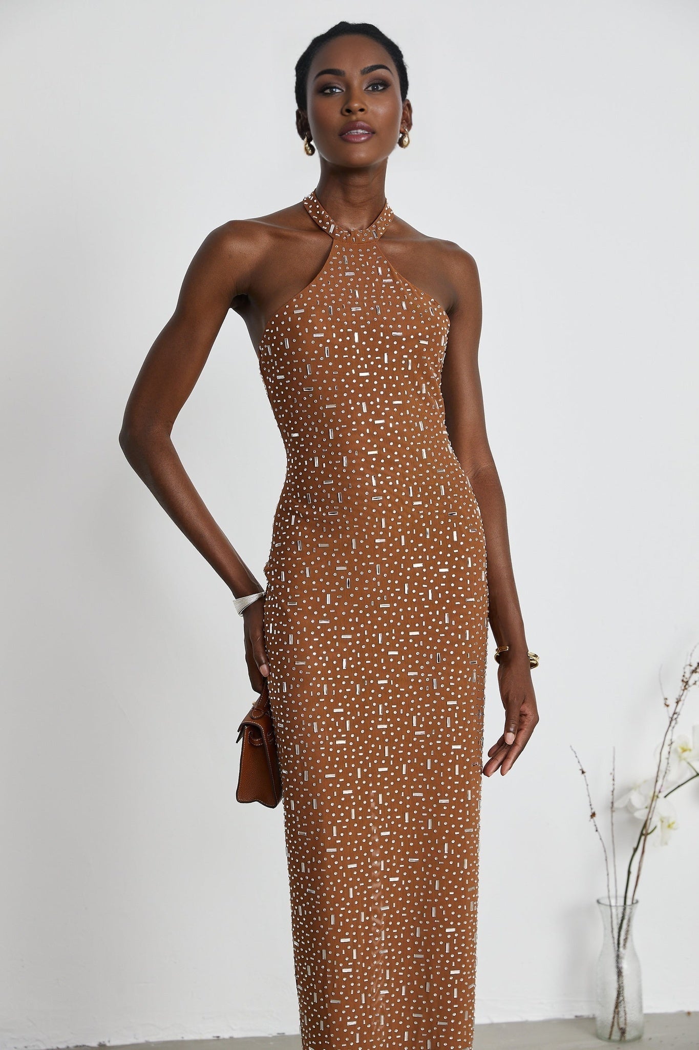 Désirée Maxi Dress - Sleeveless Halterneck Crystal Embellished Fitted Waist Zipper Closure Floor - Length