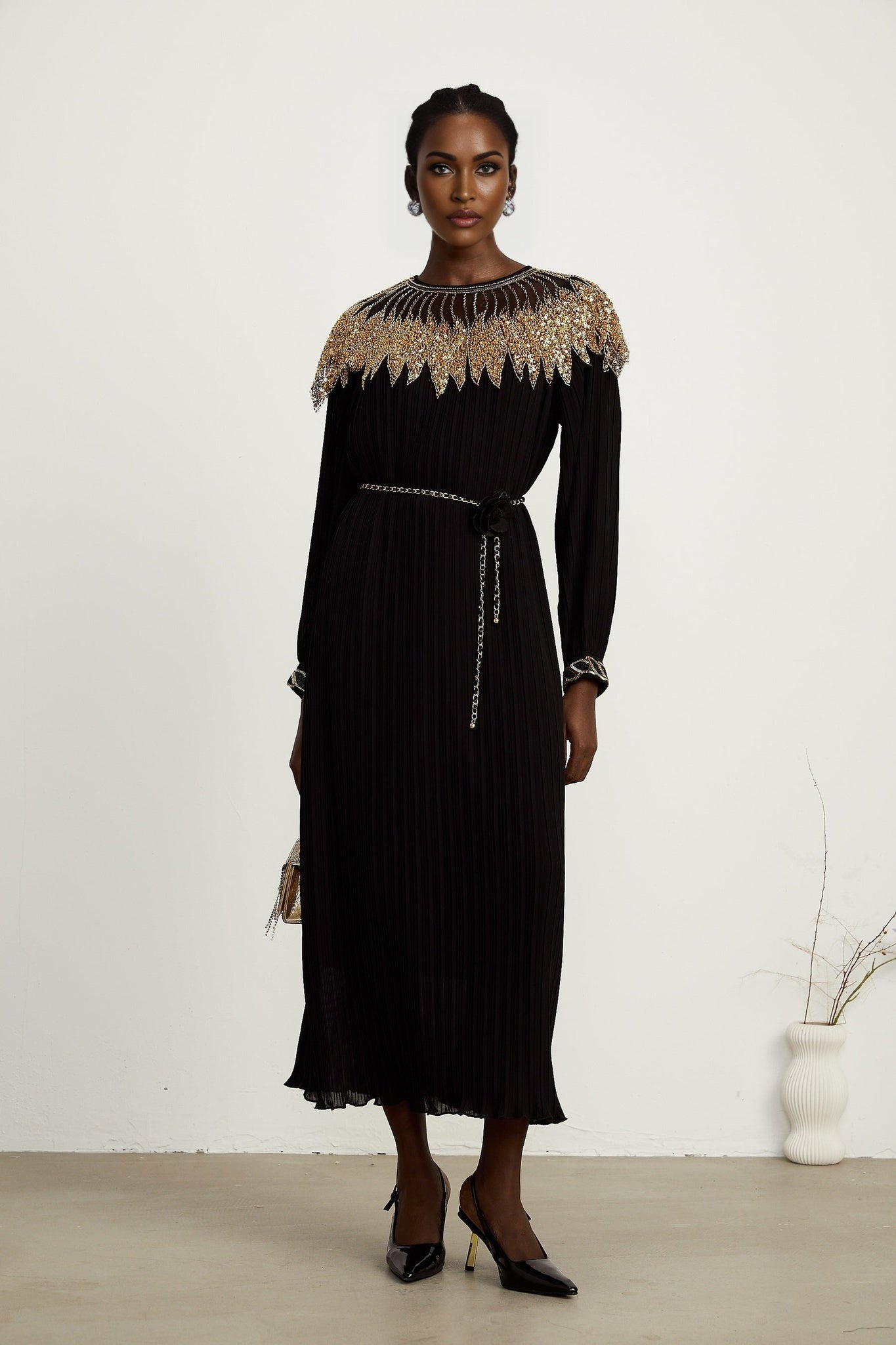 Destiny Midi Dress - Ribbed Design - Sequin Embellishment - Tulle Paneling - Detachable Waist - Tie