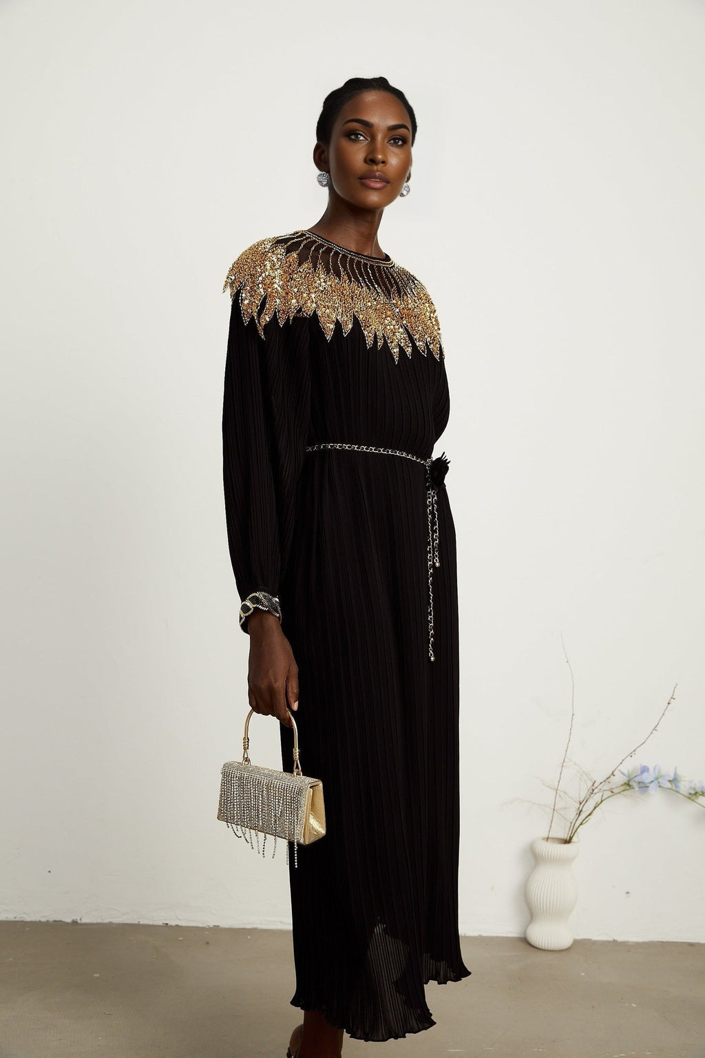 Destiny Midi Dress - Ribbed Design - Sequin Embellishment - Tulle Paneling - Detachable Waist - Tie