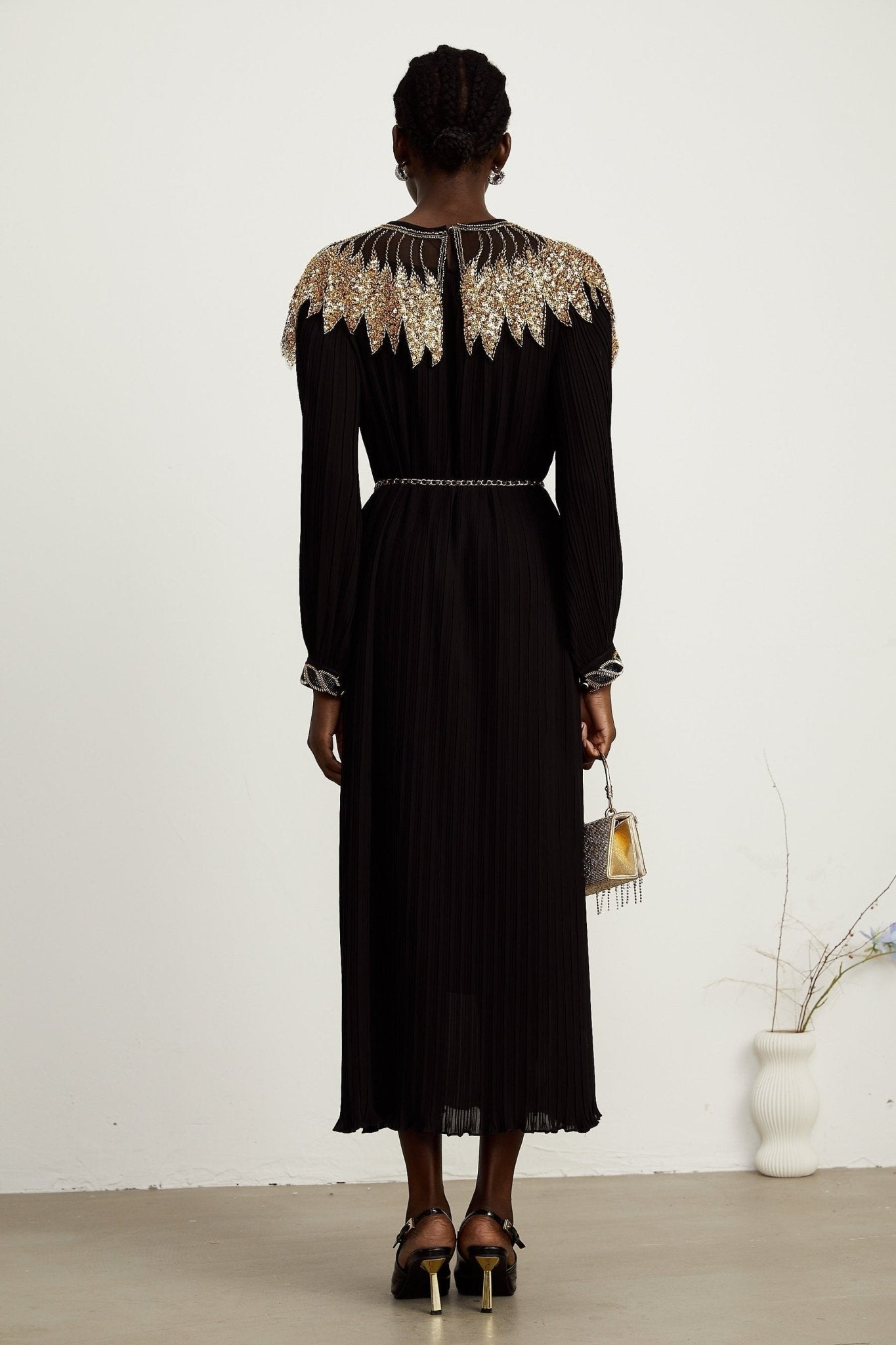 Destiny Midi Dress - Ribbed Design - Sequin Embellishment - Tulle Paneling - Detachable Waist - Tie