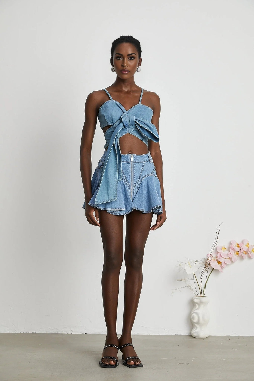 Diana Denim Skirt - Flounce Hem - Pleat Detailing - Ruffled Accents - Side Pockets
