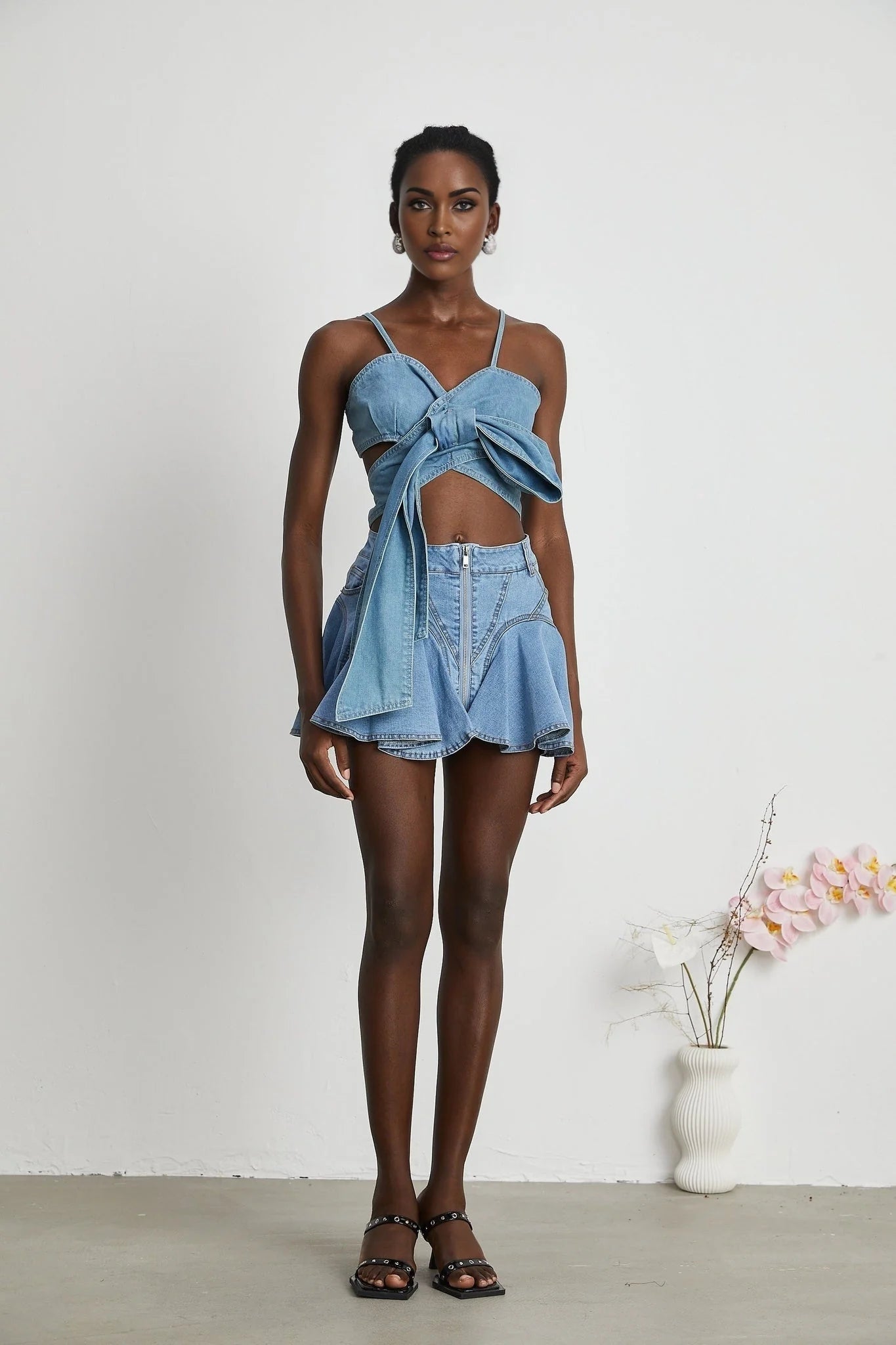 Diana Denim Skirt - Flounce Hem - Pleat Detailing - Ruffled Accents - Side Pockets