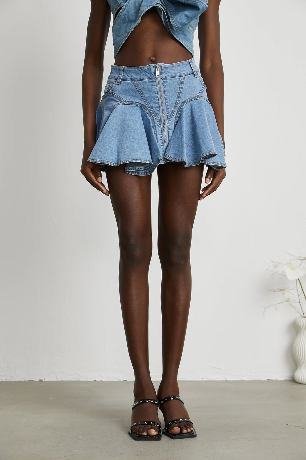 Diana Denim Skirt - Flounce Hem - Pleat Detailing - Ruffled Accents - Side Pockets