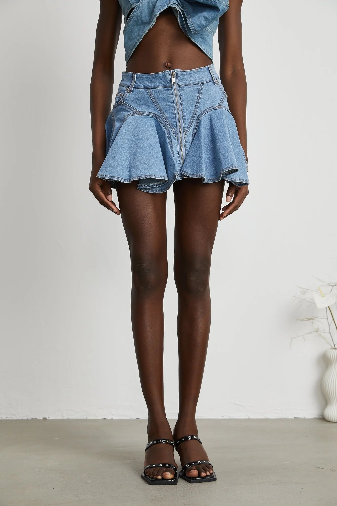 Diana Denim Skirt - Flounce Hem - Pleat Detailing - Ruffled Accents - Side Pockets