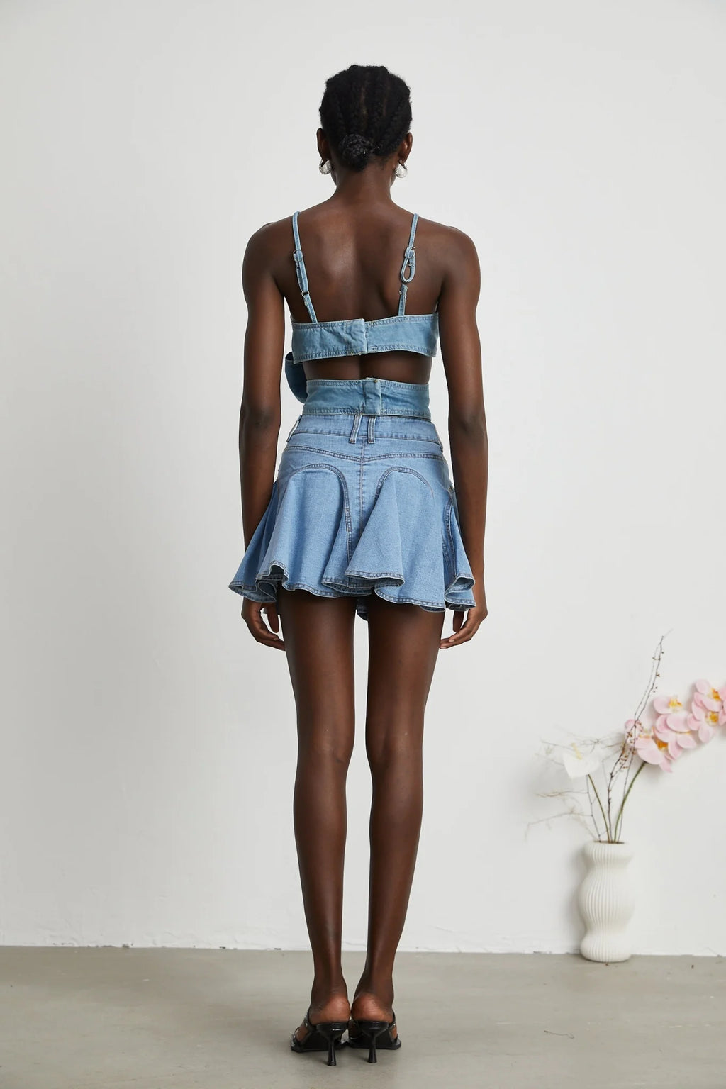 Diana Denim Skirt - Flounce Hem - Pleat Detailing - Ruffled Accents - Side Pockets