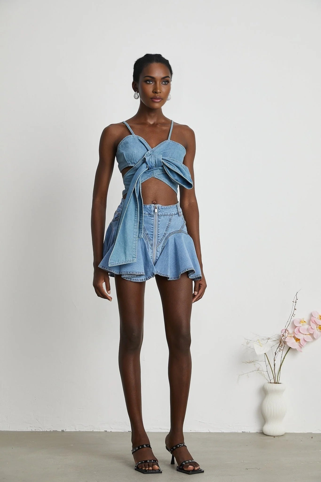 Diana Denim Skirt - Flounce Hem - Pleat Detailing - Ruffled Accents - Side Pockets
