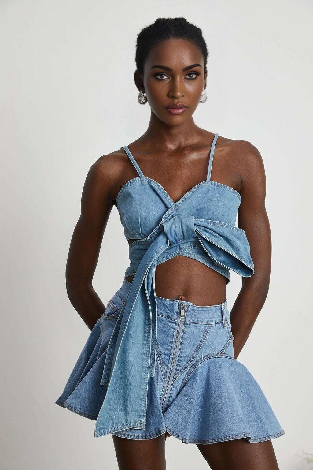 Diana Denim Skirt - Flounce Hem - Pleat Detailing - Ruffled Accents - Side Pockets