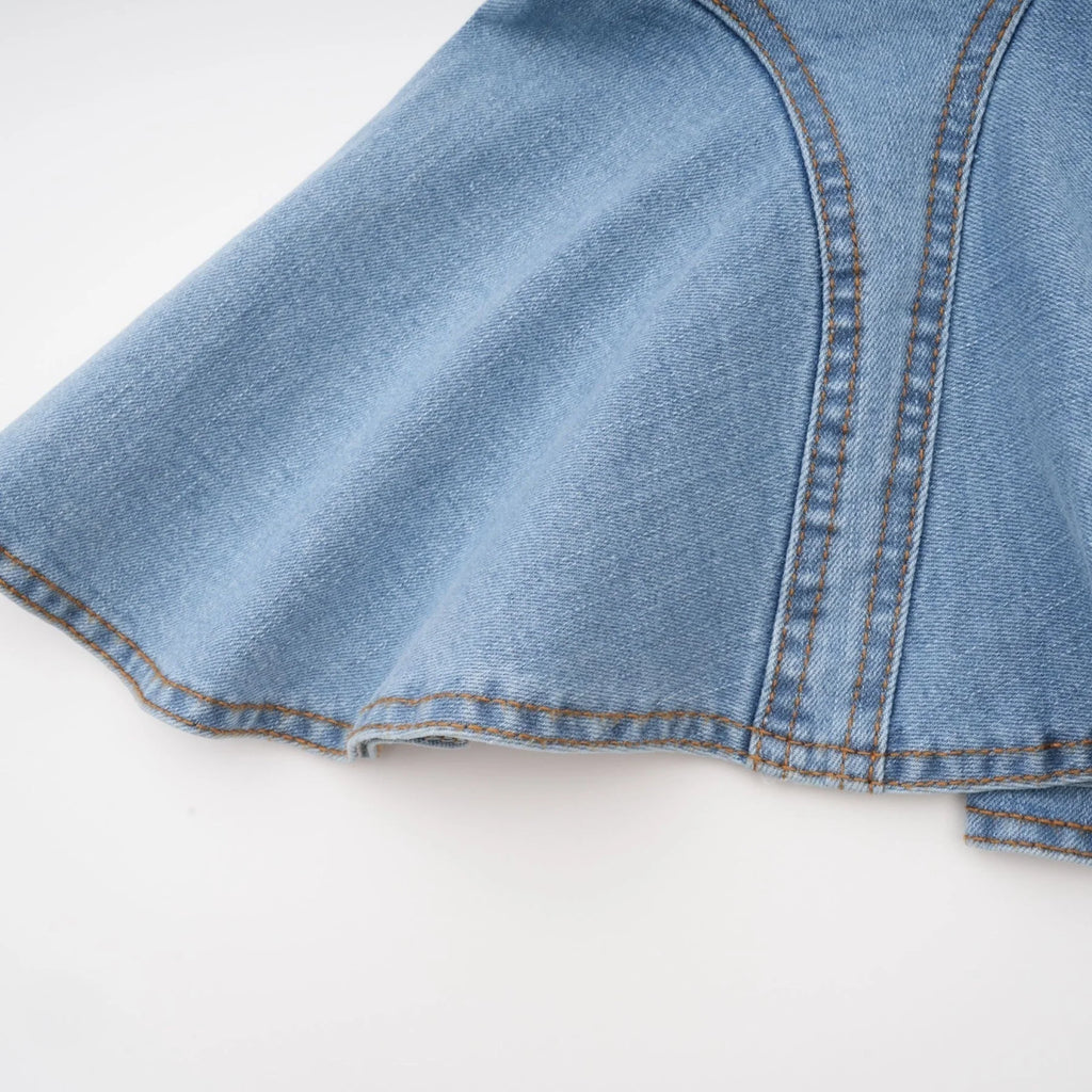 Diana Denim Skirt - Flounce Hem - Pleat Detailing - Ruffled Accents - Side Pockets