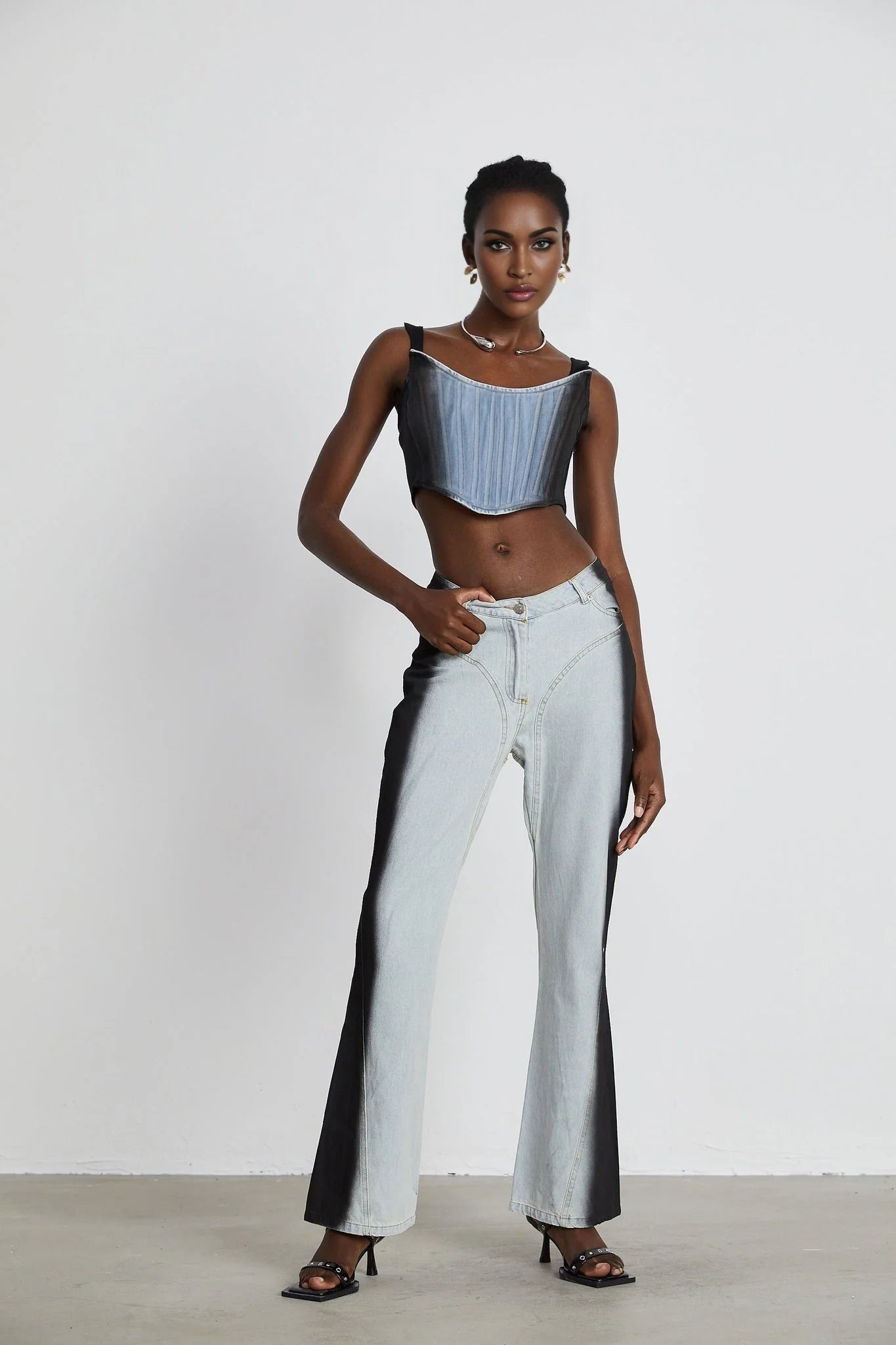 Diana Denim Top - Stretch - Jersey Cropped Design - Concealed Side Fastening