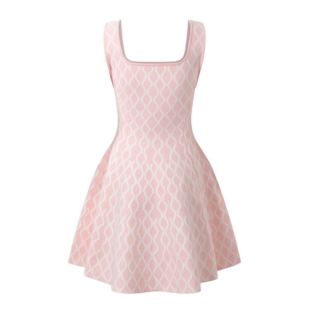 Diana Dress - A - Line Silhouette - Abstract Wavy Pattern - Tailored for Hourglass Shape - Square Neckline