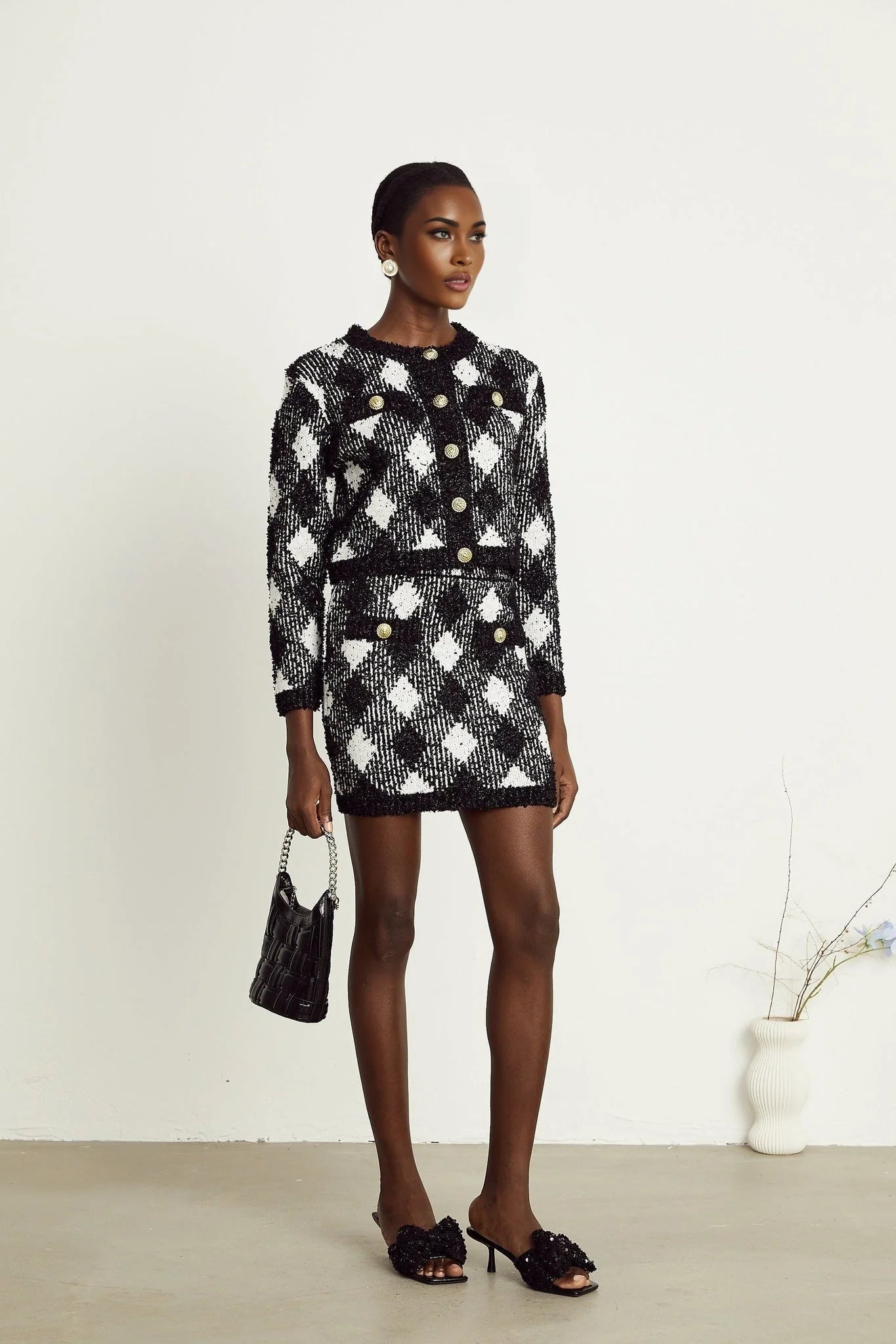 Diana Jacket & Skirt - Argyle Check Design - Tone Buttons - Cropped Length - Corded Knit