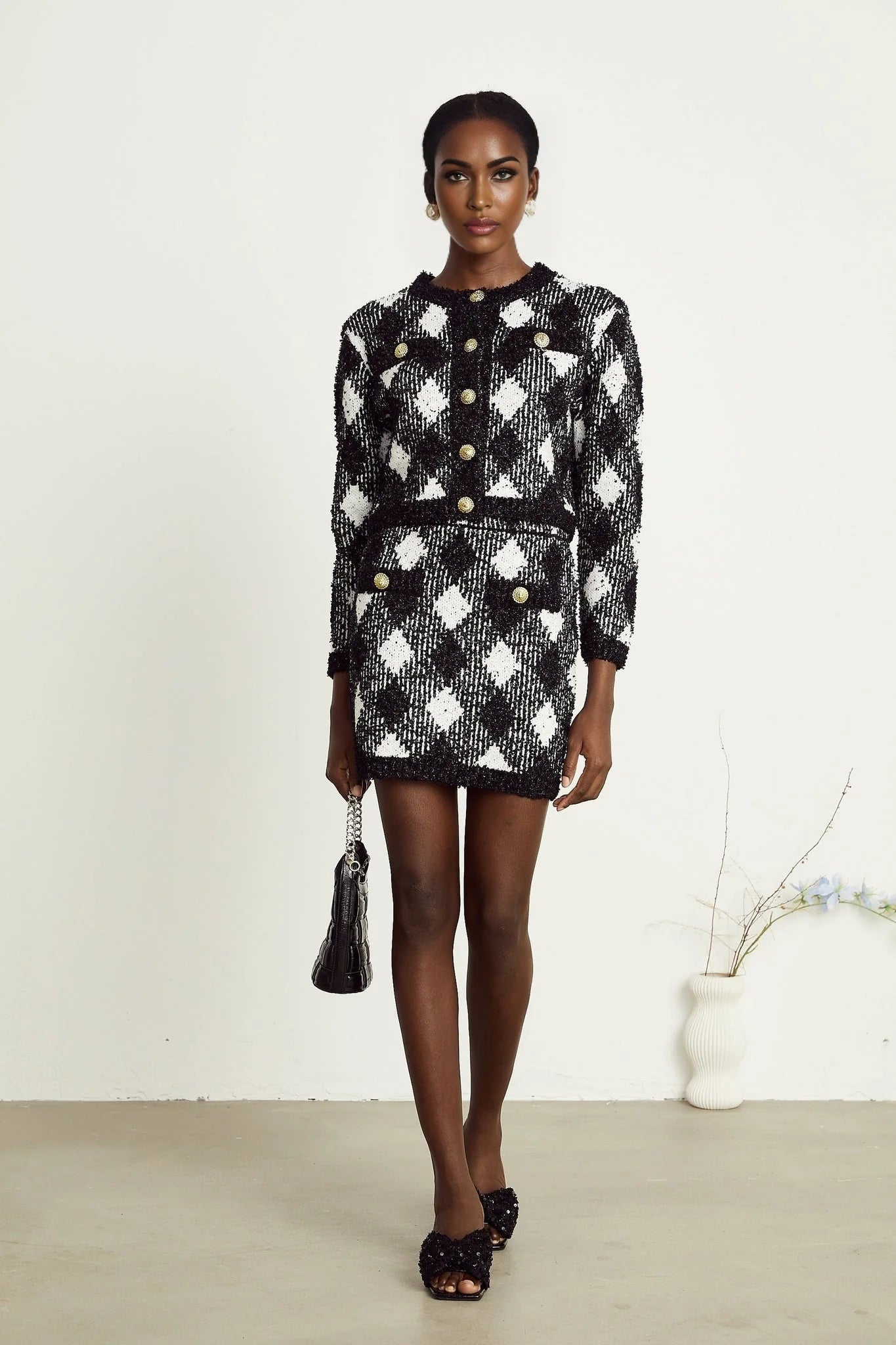 Diana Jacket & Skirt - Argyle Check Design - Tone Buttons - Cropped Length - Corded Knit