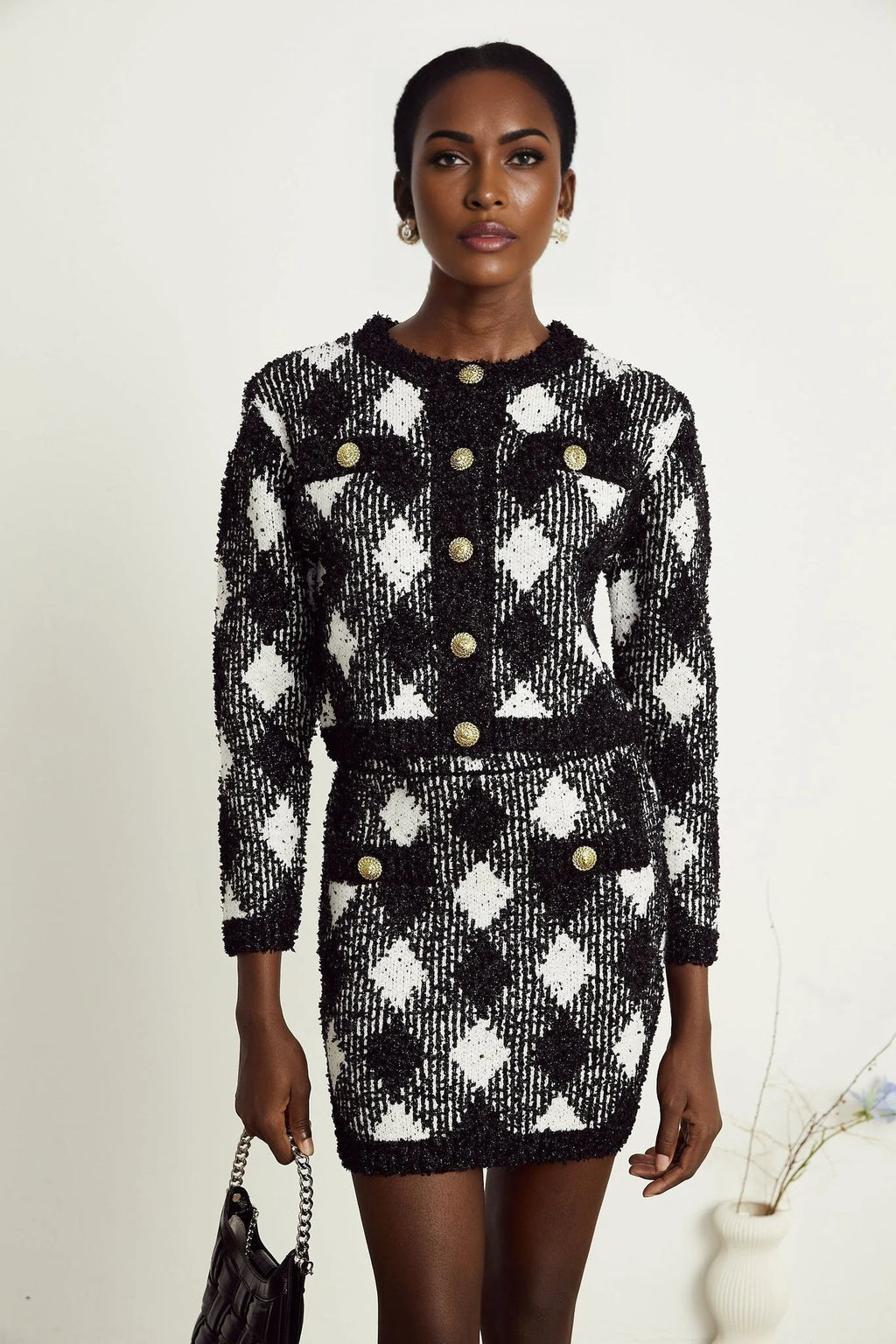 Diana Jacket & Skirt - Argyle Check Design - Tone Buttons - Cropped Length - Corded Knit