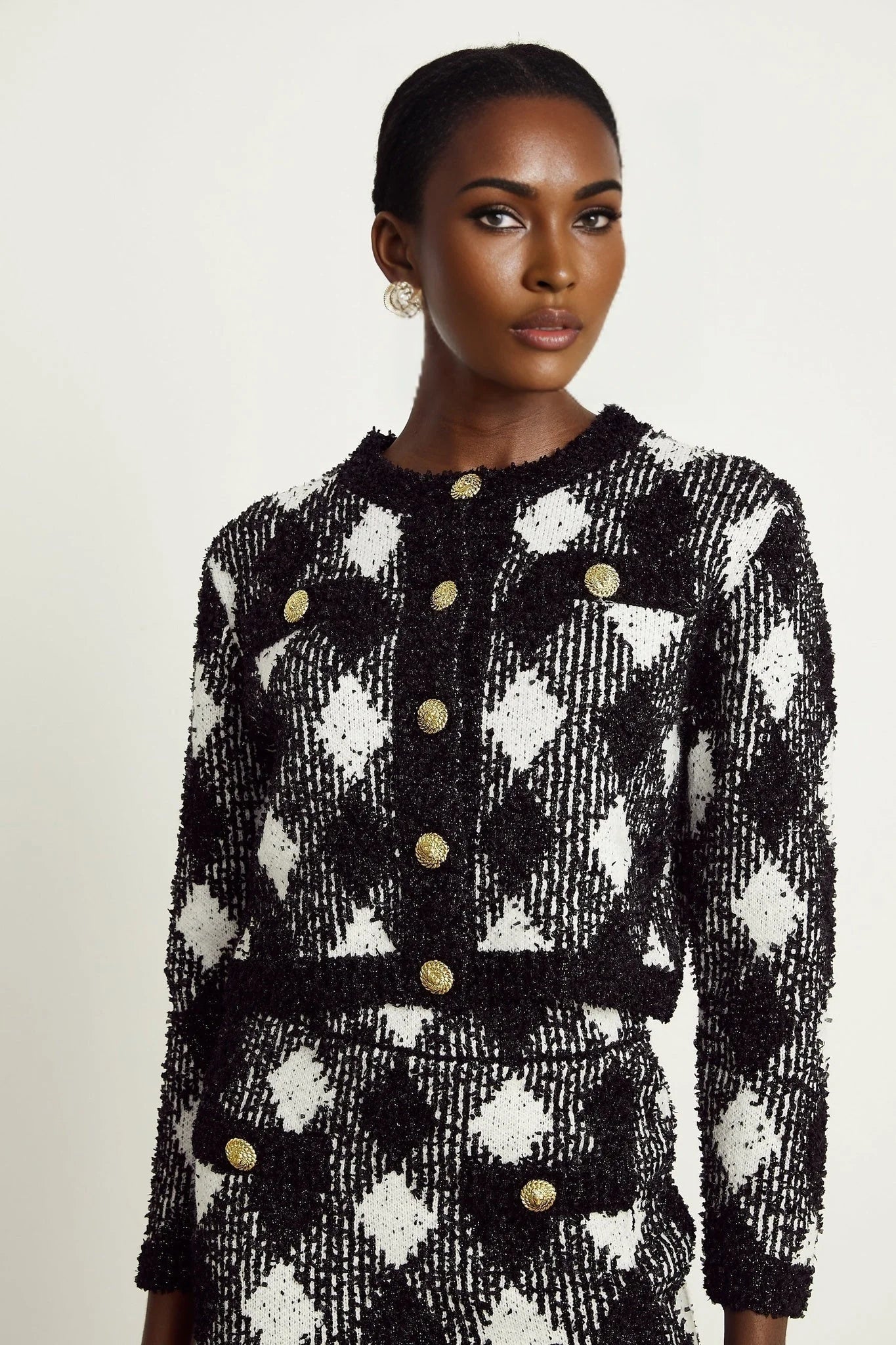 Diana Jacket & Skirt - Argyle Check Design - Tone Buttons - Cropped Length - Corded Knit