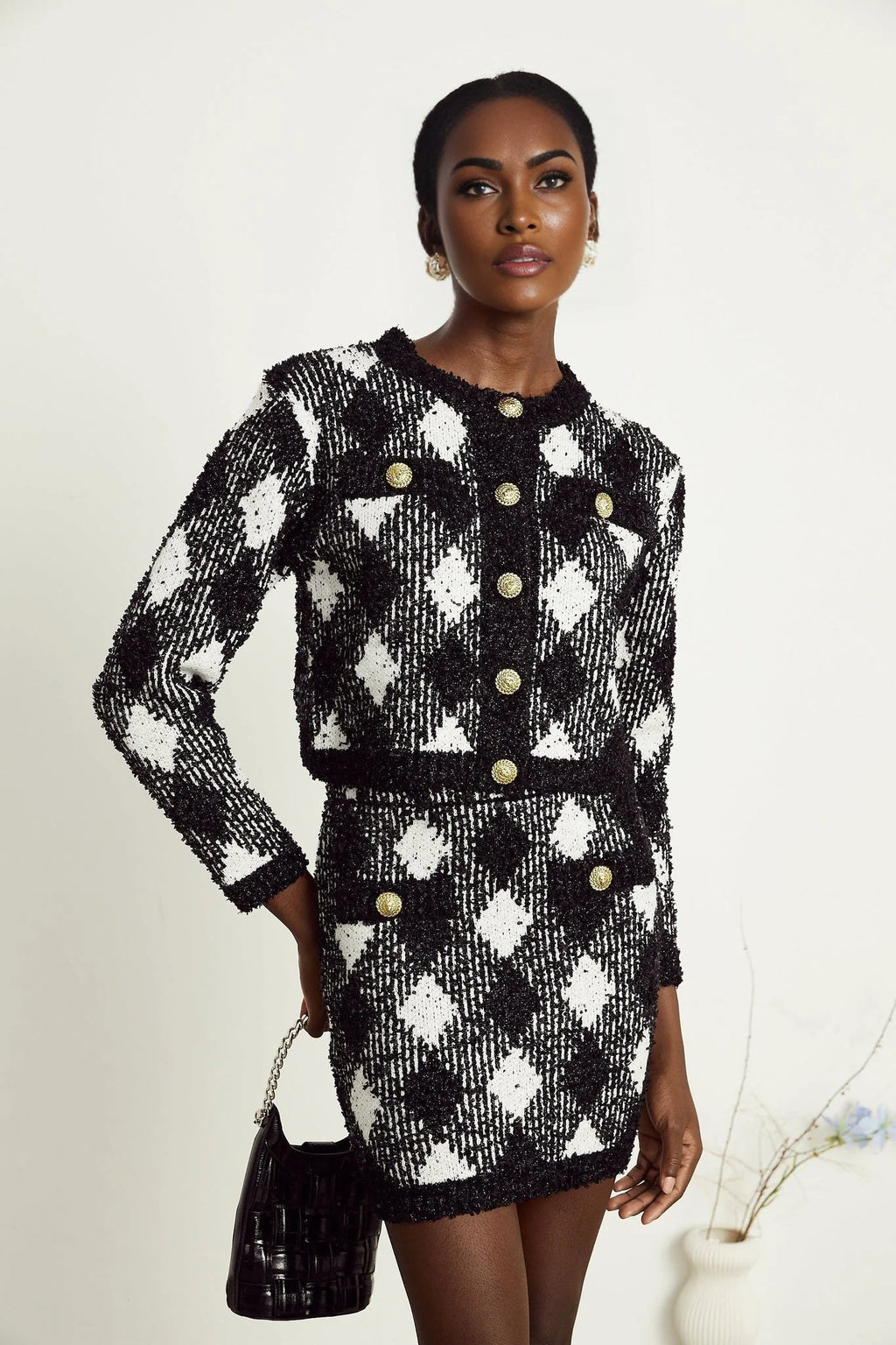 Diana Jacket & Skirt - Argyle Check Design - Tone Buttons - Cropped Length - Corded Knit