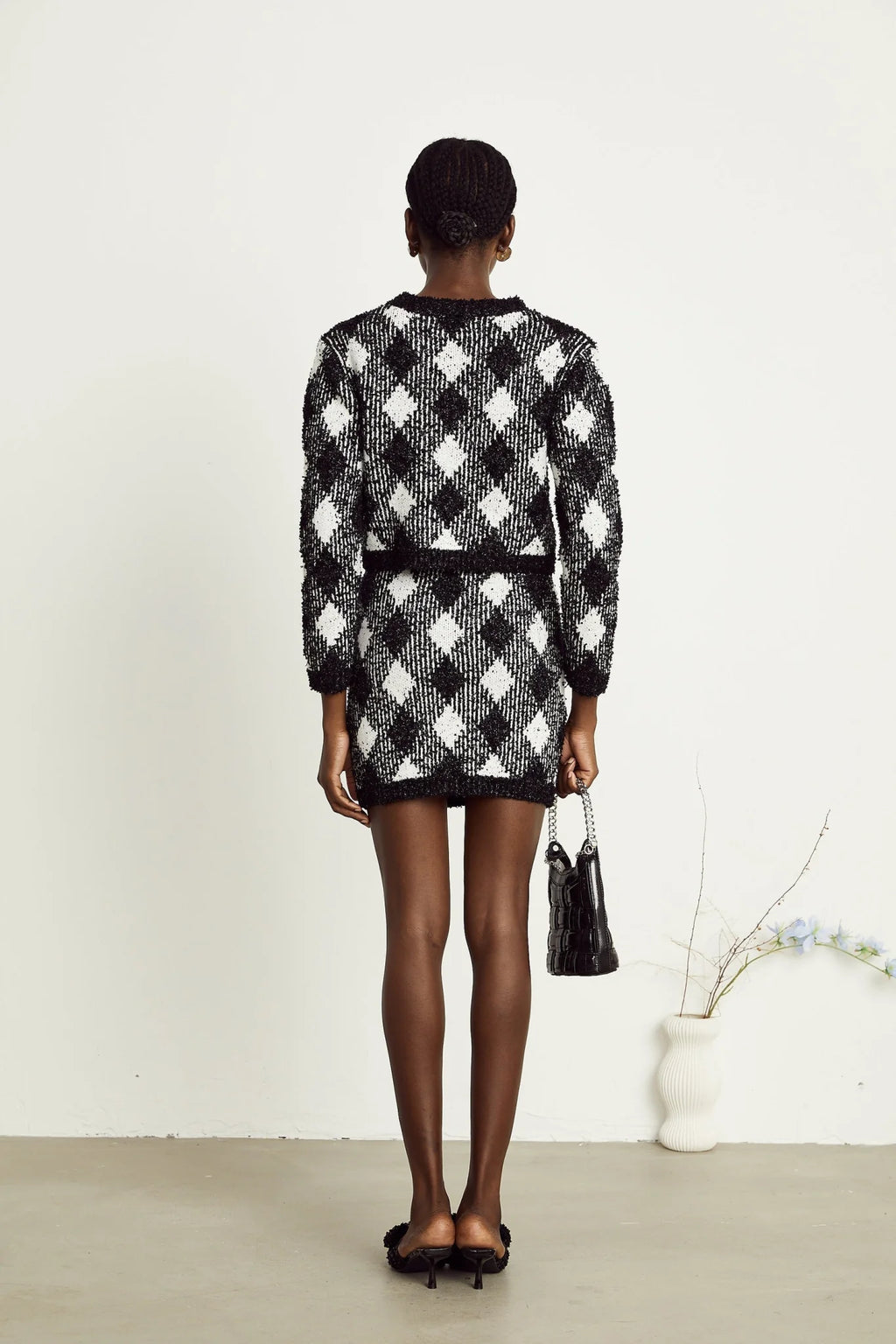 Diana Jacket & Skirt - Argyle Check Design - Tone Buttons - Cropped Length - Corded Knit