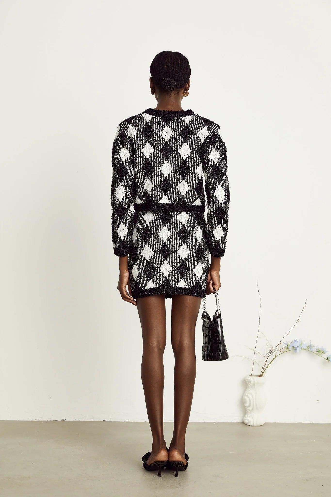 Diana Jacket & Skirt - Argyle Check Design - Tone Buttons - Cropped Length - Corded Knit