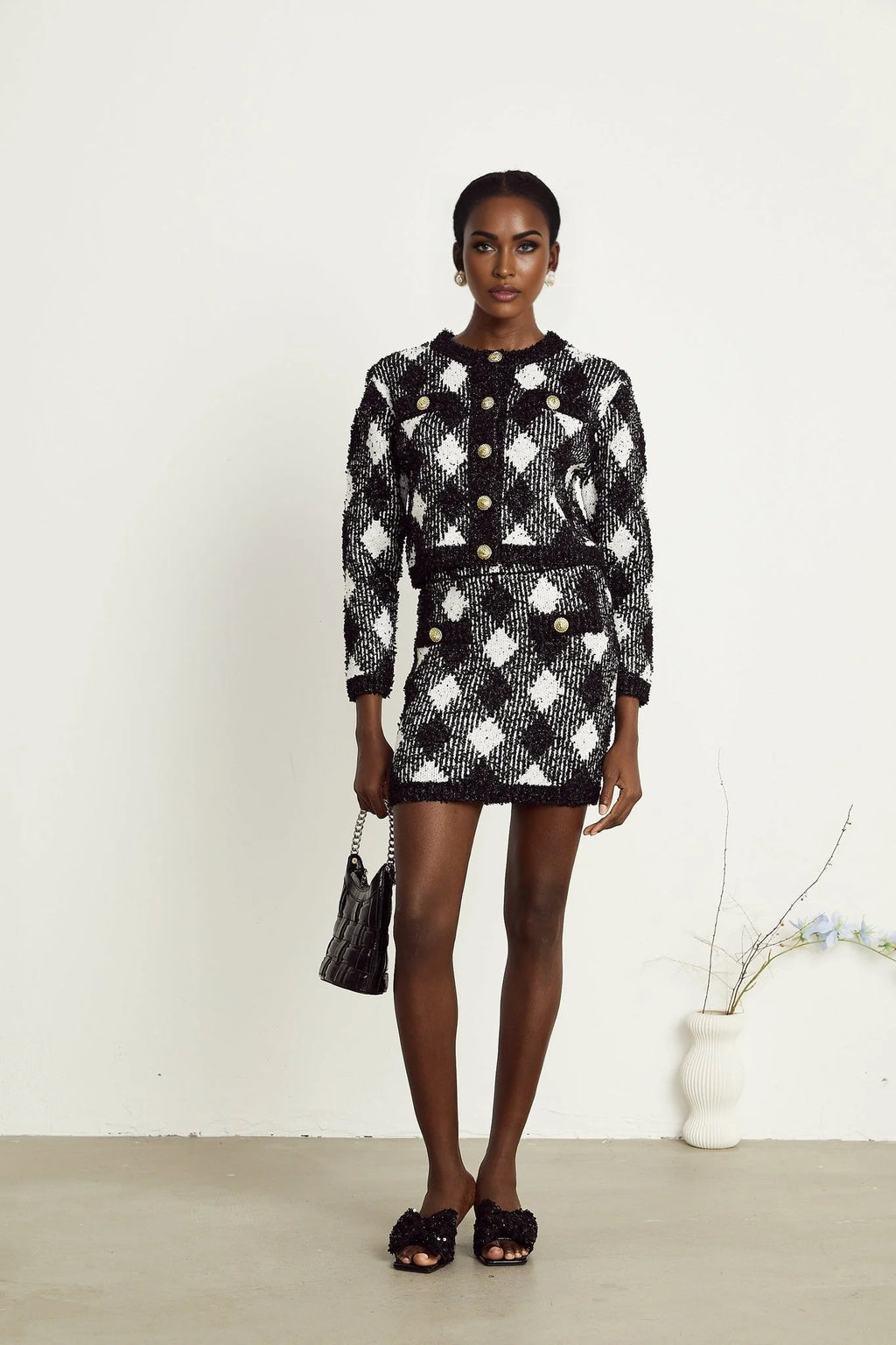 Diana Jacket & Skirt - Argyle Check Design - Tone Buttons - Cropped Length - Corded Knit