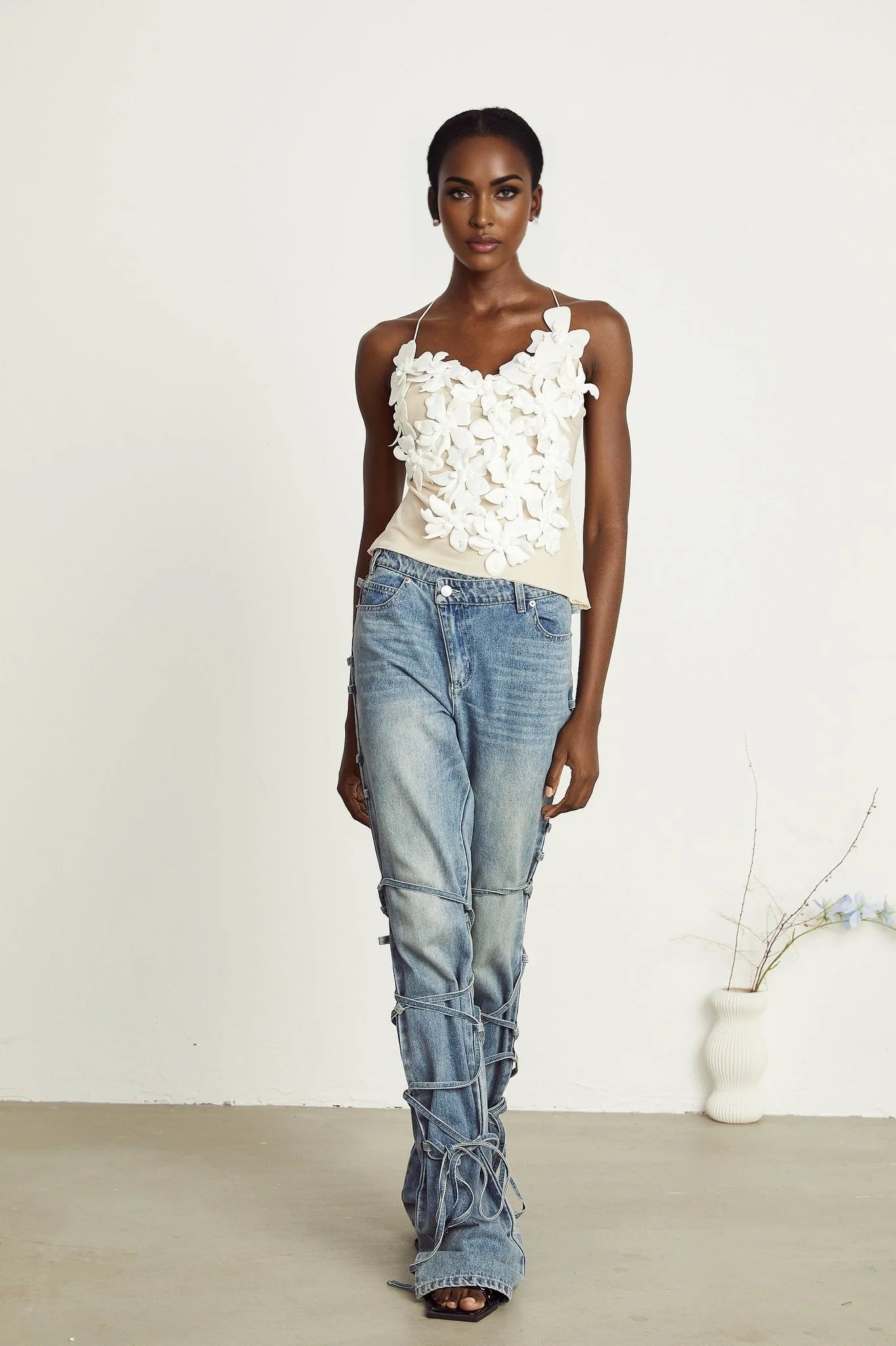 Diana Jeans - Strap Detailing - Whiskering Effect - Off - Center Button Fastening - Five Pockets