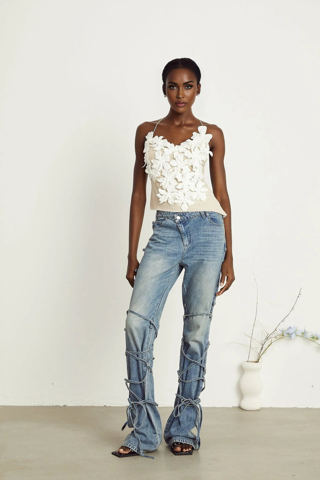 Diana Jeans - Strap Detailing - Whiskering Effect - Off - Center Button Fastening - Five Pockets