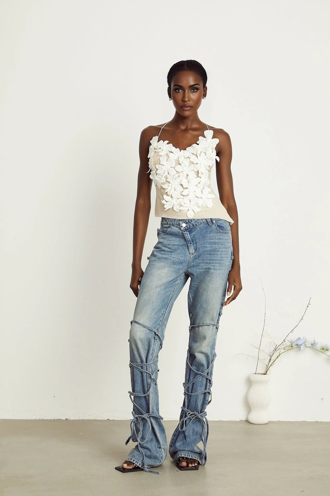 Diana Jeans - Strap Detailing - Whiskering Effect - Off - Center Button Fastening - Five Pockets