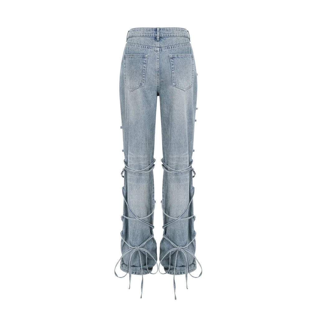 Diana Jeans - Strap Detailing - Whiskering Effect - Off - Center Button Fastening - Five Pockets