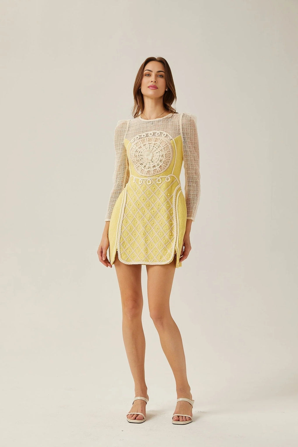 Diana Mini Dress - Faux - Pearl Embellishment - Semi - Sheer Construction - Long Sleeves - A - Line Silhouette - Rear Zip Fastening