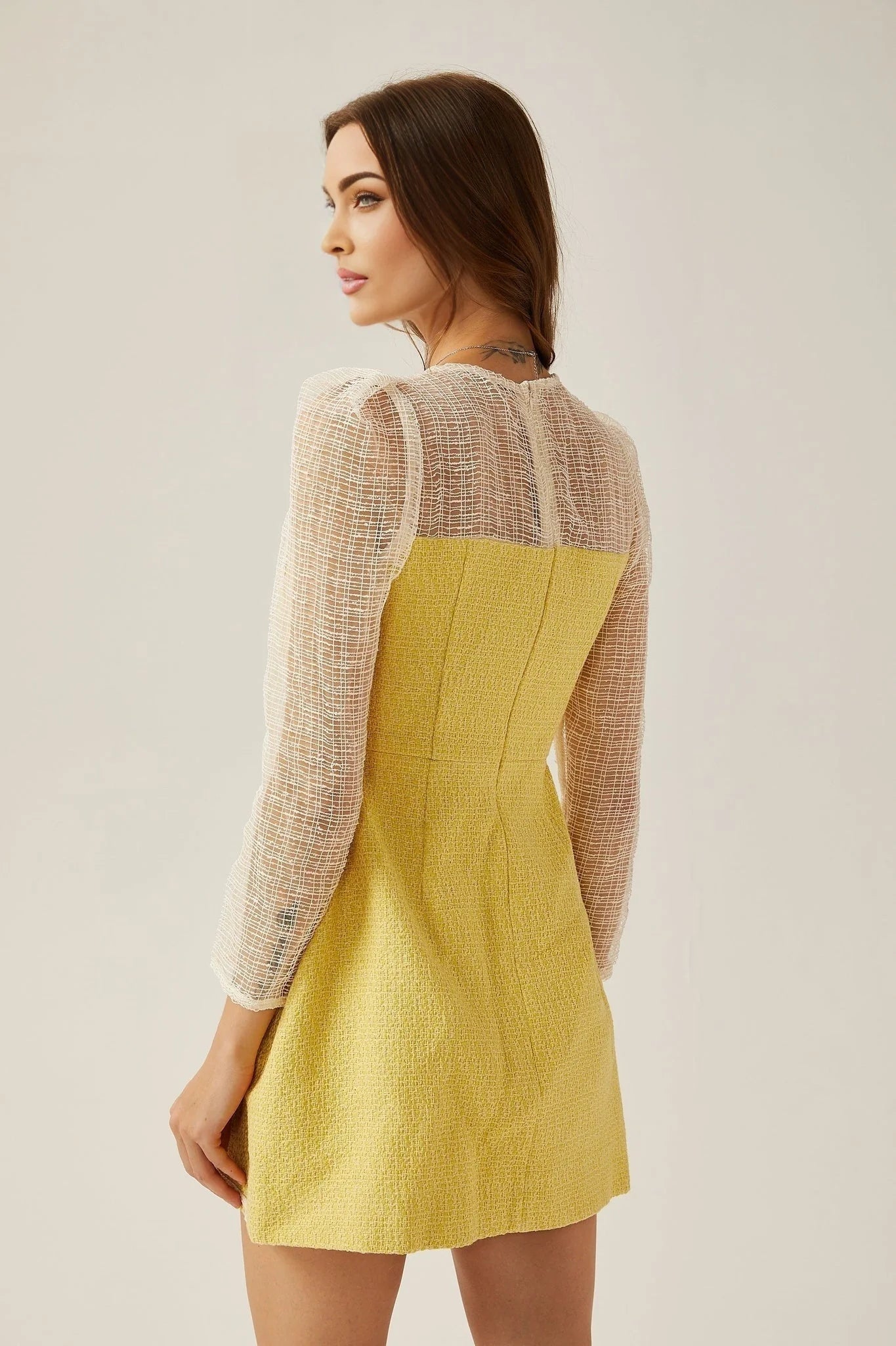 Diana Mini Dress - Faux - Pearl Embellishment - Semi - Sheer Construction - Long Sleeves - A - Line Silhouette - Rear Zip Fastening