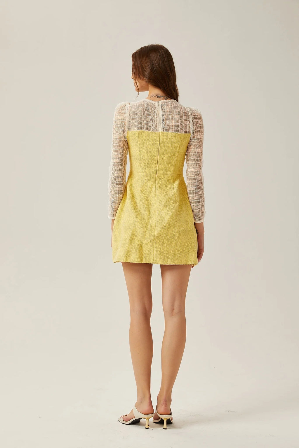 Diana Mini Dress - Faux - Pearl Embellishment - Semi - Sheer Construction - Long Sleeves - A - Line Silhouette - Rear Zip Fastening