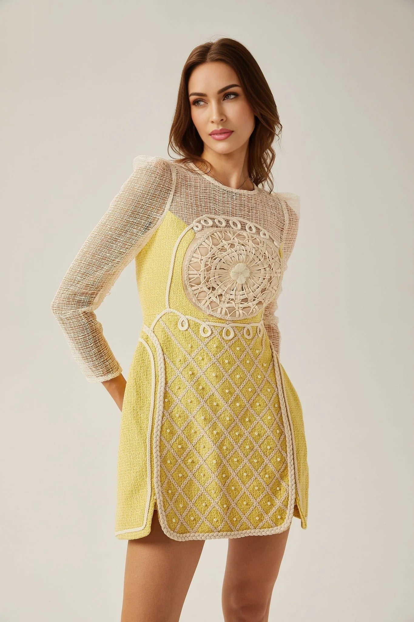 Diana Mini Dress - Faux - Pearl Embellishment - Semi - Sheer Construction - Long Sleeves - A - Line Silhouette - Rear Zip Fastening