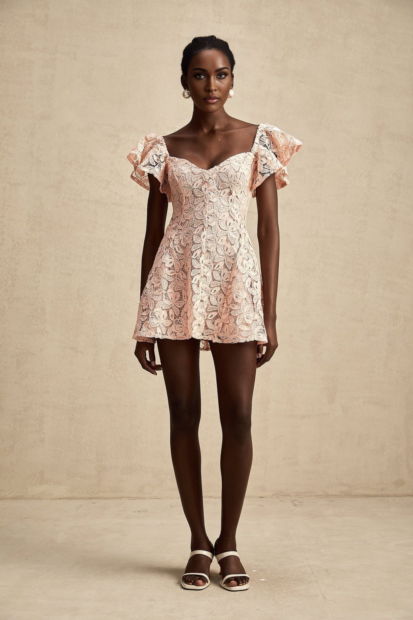 Diana Mini Dress - Lace Overlay - Sweetheart Neckline - Flutter Sleeves - Open Back - Flared Skirt