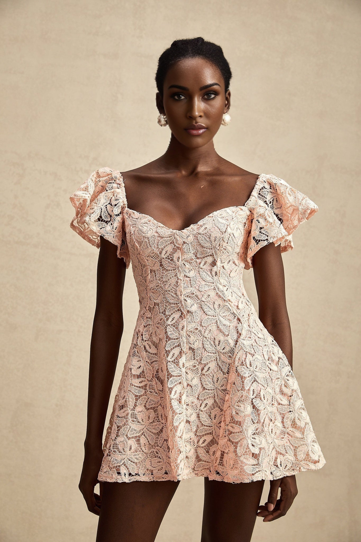 Diana Mini Dress - Lace Overlay - Sweetheart Neckline - Flutter Sleeves - Open Back - Flared Skirt