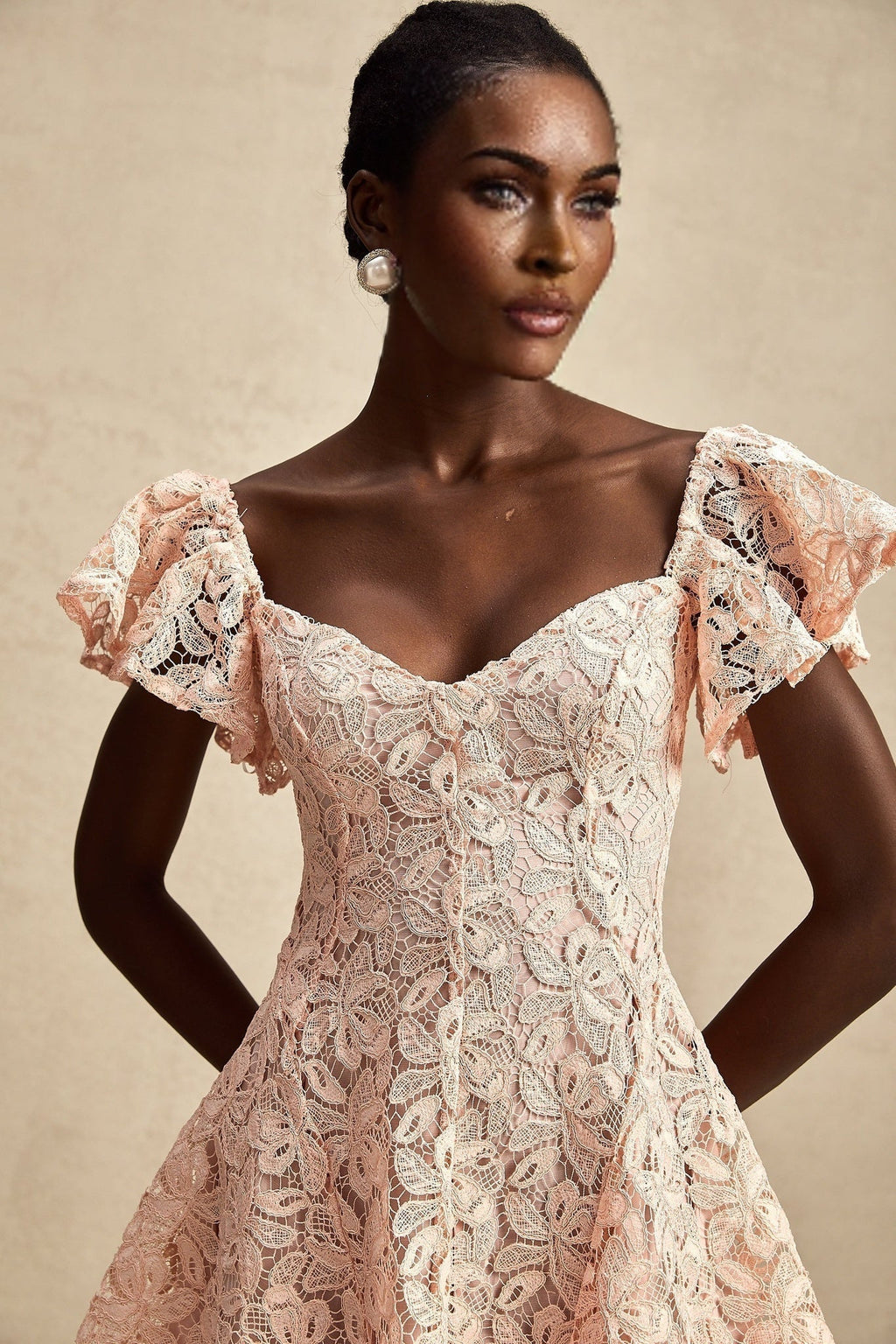 Diana Mini Dress - Lace Overlay - Sweetheart Neckline - Flutter Sleeves - Open Back - Flared Skirt