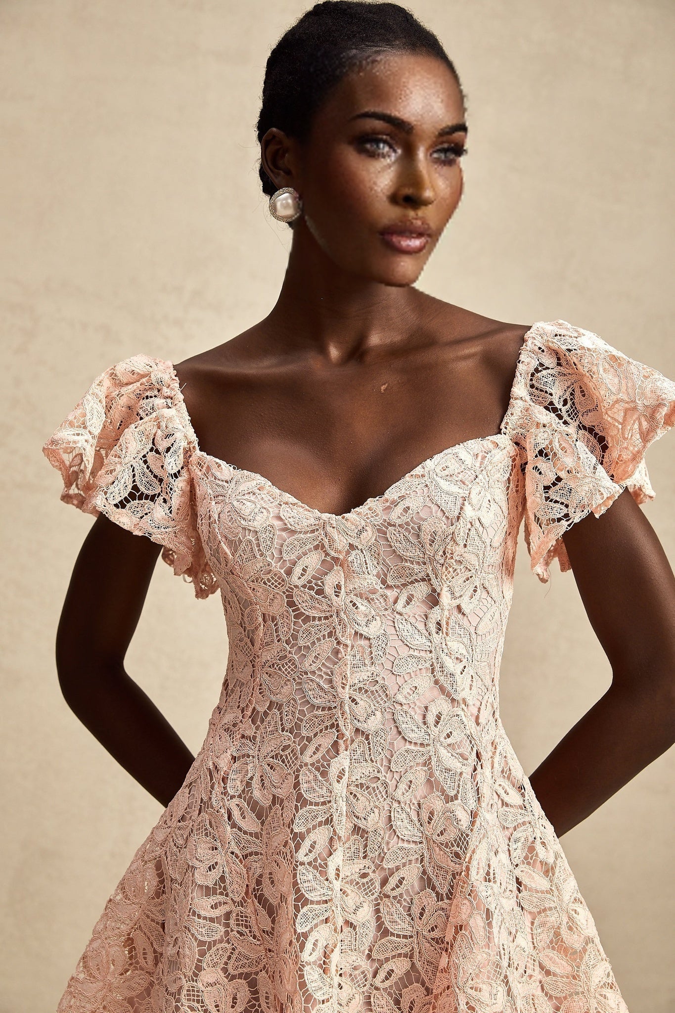 Diana Mini Dress - Lace Overlay - Sweetheart Neckline - Flutter Sleeves - Open Back - Flared Skirt