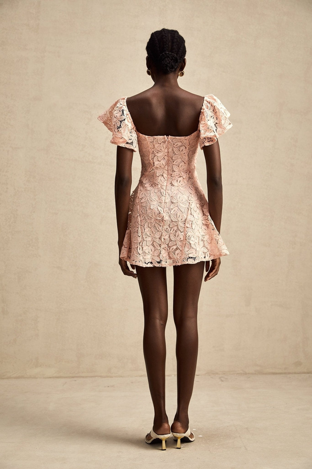 Diana Mini Dress - Lace Overlay - Sweetheart Neckline - Flutter Sleeves - Open Back - Flared Skirt